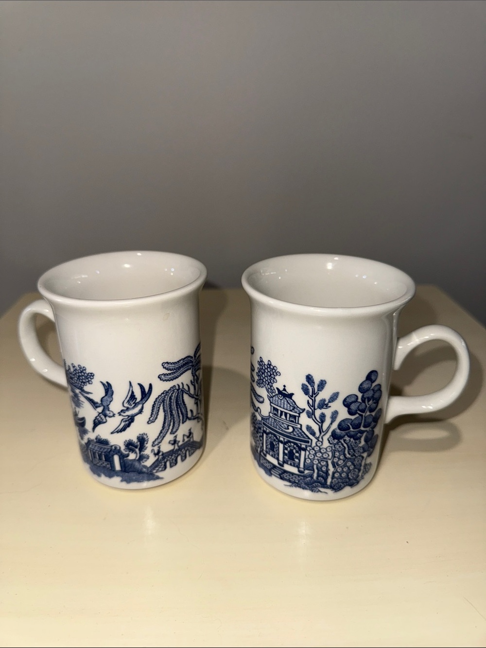 Blue & White Blue Willow Churchill Ceramic Mugs with Oriental Scene (Set of 2)